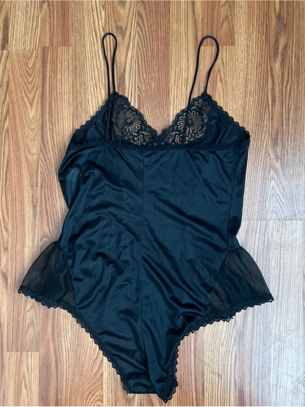 Black Lace Trim Satin Teddy Bodysuit - Women Intimates